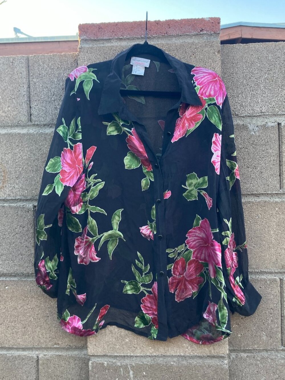 Victor Costa silk rayon sheer black bold floral button up dress shirt size 1X